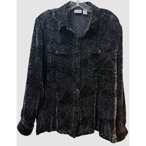 Chicos Silk Blend Button Front Velvet Burnout Shirt Womens Size Large (2) Black